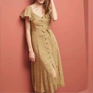 Anthropologie Button-Front Midi Dress in Tan